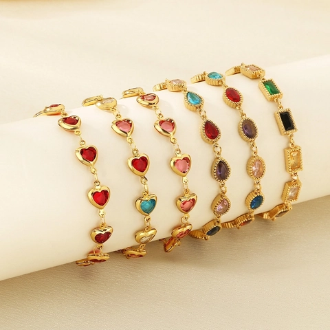 Collar Y Pulsera De Acero Inoxidable Con Gemas De Vidrio De Corazón Colorido Para Mujeres Joyería Dulce