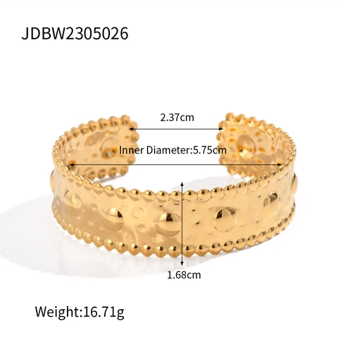 Vintage Hammered Texture Stainless Steel Cuff Bangle 18K Gold Plated Beaded Edge Relief Design For Women