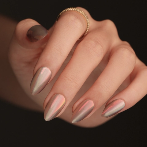 Aurora Cat Eye Metallic Chrome Press On Nagels Amandelvorm Glimmende Kunstparelmoer Kunstnagels DIY Manicure Kunst