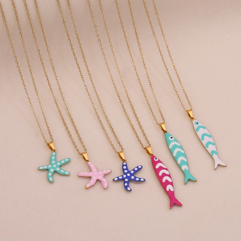 Collar Con Colgante De Estrella De Mar Y Pez Océano Acero Inoxidable Esmalte Colorido Joyería De Playa Verano Para Mujeres Niñas