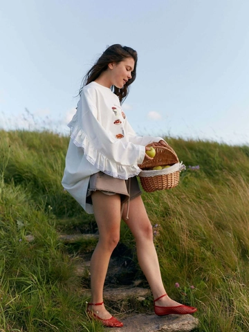 Sudadera Mujer Cuello Redondo Algodón Encaje Volantes Patchwork Suelta Manga Larga Estampado Pastoral Pullover Blanco Informal