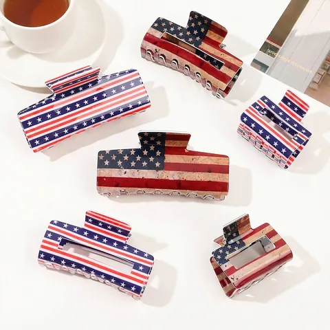 US Flag Pattern Hair Claw Clip Acrylic Large Strong Hold Stars Stripes Independence Day Hair Accessory For Women