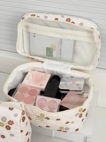 Große Kapazität Reise Kulturbeutel Tragbare Makeup Organizer Frauen Gesteppte Cord Blumen Tasche