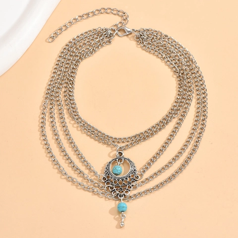 Cavigliera Multistrato Boho Lega Perline Turchese Pendente Cavo Vintage Etnico Gioielli Da Spiaggia Per Donne