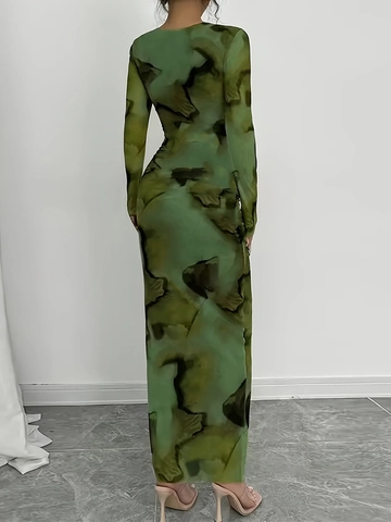 Women Abstract Print Long Sleeve Maxi Dress Round Neck Slim Fit Polyester Spandex Ankle Length Elegant Stretch