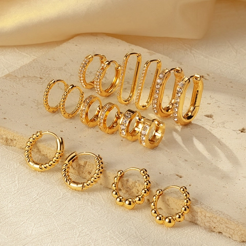 18K Gold Plated 304 Stainless Steel Hoop Earrings With Cubic Zirconia Geometric Twist Bead Texture Huggie For Women