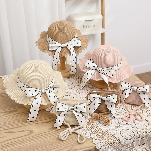 Sombrero De Paja Y Bolso Cinta De Lunares Lazo Borde Ondulado Protección Solar Verano Playa Dulce Para Niñas Mujeres