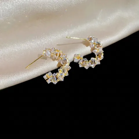C Shaped Hoop Earrings Geometric Circle Zircon Copper Jewelry With Silver Earring Post For Women Shiny Light Luxury