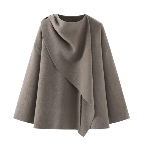 Poncho De Punto Con Cuello De Bufanda Asimétrico Para Mujer Chal Jersey Color Sólido Dobladillo Irregular Corto Sin Mangas