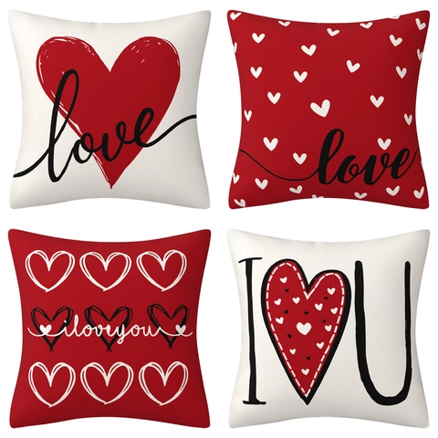 Housse De Coussin Imprimé Cœur De La Saint Valentin Rouge Amour Taie D'oreiller Lin Polyester Carré Déco Maison