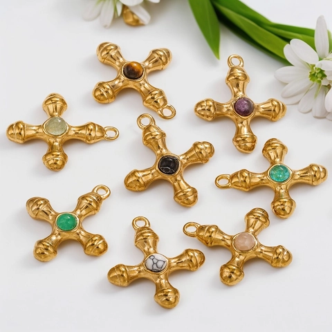 Kruis Hanger Charms Titanium Staal Met Natuurlijke Edelstenen Voor DIY Sieraden Maken Retro Vintage Stijl Accessoires