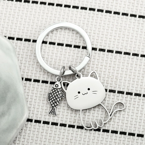 Portachiavi in Stile Giapponese Carino Gatto Che Mangia Pesce Acciaio Inossidabile Argento Metallo Vuoto Lisca di Pesce Ciondolo Coppia Regalo