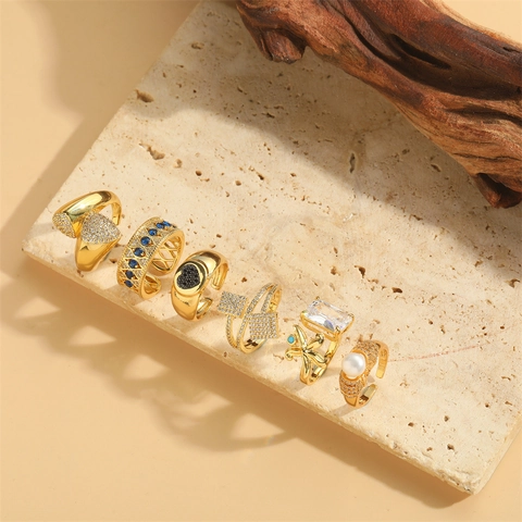 Vintage Koperen Zirconia Open Ringen Voor Dames Gotische Verstelbare Vingerringen Sieraden Met Kunstparel Hart Zeester Patroon Verguld Geometrische Sieraden