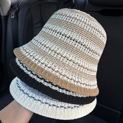 Knitted Bucket Hat Polyester Striped Hollow Crochet Breathable Sun Protection Foldable Casual Fisherman Hat For Women