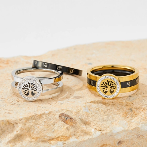 Tree Of Life Stainless Steel Ring For Women Roman Numerals Hollow Round Zircon Inlaid Fashion Versatile Jewelry