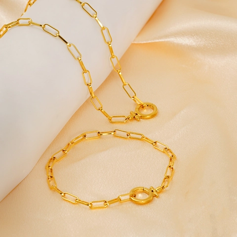 Paperclip Chain Necklace Bracelet 18K Gold PVD Plated Stainless Steel Round Spring Ring Clasp Minimalist Jewelry Women Men
