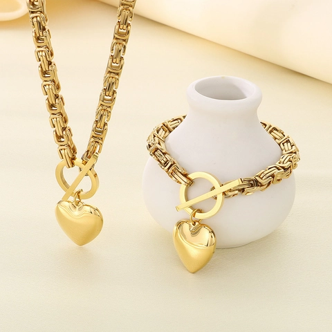 Collana E Bracciale Con Pendente A Cuore Acciaio Inossidabile Catena Bizantina Chiusura Toggle Gioielli Moda Donna