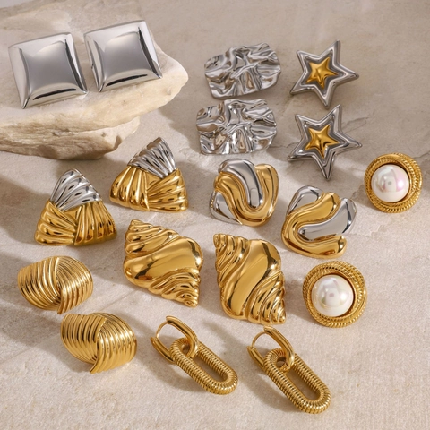 Orecchini In Acciaio Inossidabile Impermeabile Ipoallergenico Geometrico Stella Perla Artificial Oro Argento Bicolore Moda Donne