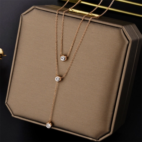 Double Layer Y Necklace Titanium Steel Round Zircon Pendant Geometric Circle Minimalist Elegant Jewelry For Women