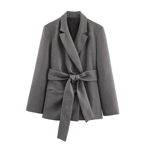 Women Blazer And Pants Polyester Solid Color Padded Shoulder Belted High Waist Business Casual Suit For Lady Grey