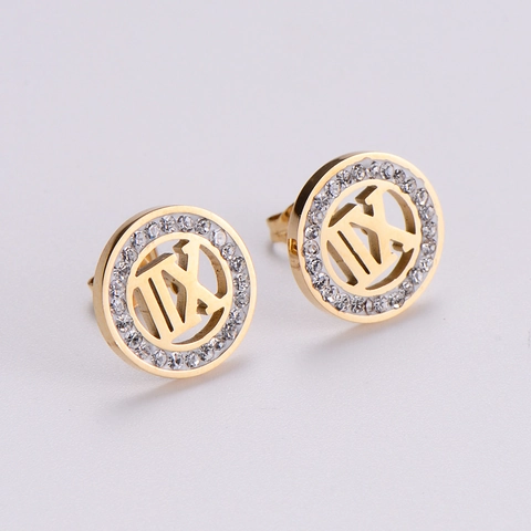 Roman Numerals Stud Earrings 316L Stainless Steel 18K Gold Plated Rhinestone Hollow Round Elegant Jewelry For Women