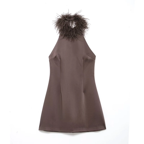Women Halter Neck Mini Dress Feather Trim Satin Backless Elegant Party Slim Fit Solid Color Sleeveless