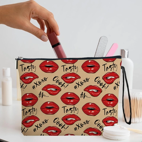 Rode Lippen Print Linnen Make-up Tas Vrouwen Draagbare Reis Cosmetische Pouch Rits Letter Print Schoonheid Organizer