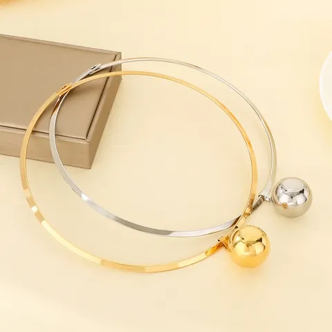 Stainless Steel Torque Choker Necklace With Hollow Round Bead Pendant Geometric Minimalist Statement Jewelry For Women