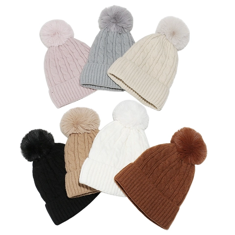 Women Winter Beanie Hat Cable Knit Fleece Lined Thick Warm Ski Cap With Faux Fur Pom-pom Solid Color