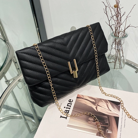 Borsa a Tracolla da Donna in Pelle PU con Trapuntatura a V Catena in Metallo Oro Borsa a Spalla Quadrata Piccola Casual Quotidiana