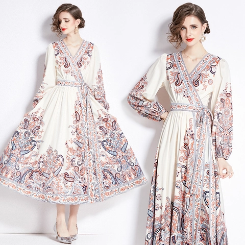 Vestito Maxi Vintage Con Stampa Paisley Da Donna Scollo A V Maniche Lunghe A Lanterna Vita Annodata Boho Elegante