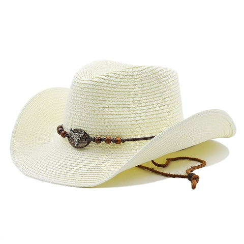 Western Cowboy Straw Hat Wide Brim Sun Protection Breathable Beach Summer Travel With Bull Head Decor Windproof Rope