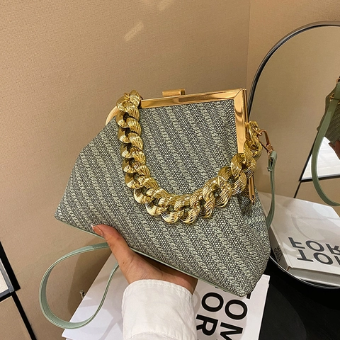 Vintage Schelp Handtas Geweven Textuur PU Leer Dames Schoudertas Crossbody Tas Met Gouden Ketting En Frame Sluiting