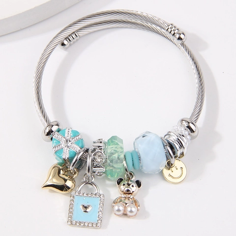 Stainless Steel DIY Beaded Bangle For Women Alloy Heart Bear Charm Bracelet Rhinestone Artificial Pearl Adjustable Fashion Jewelry