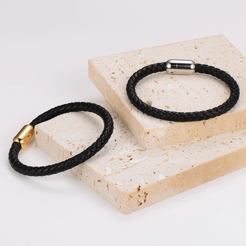 Pulsera De Cuero Trenzado Cierre Magnético De Acero Inoxidable Joyería Minimalista Moda Unisex
