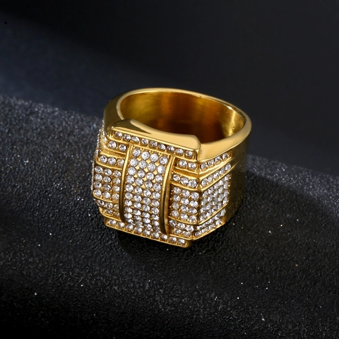 Luxury Square Signet Ring 316 Stainless Steel CZ Zircon Full Rhinestones Hip Hop Style Men