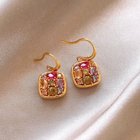 Colorful Zircon Square Drop Earrings 18K Gold Plated Copper Geometric Dangle Ear Hooks Elegant Jewelry For Women