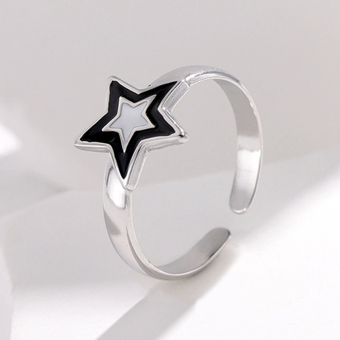 Minimalistischer Sternform Legierung Offener Ring Für Frauen Verstellbar Silberfarbe Schwarz Weiß Doppelschicht Stern Schmuck