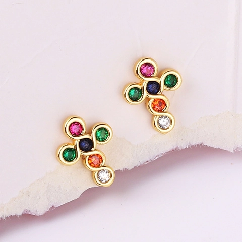 Boucles D'oreilles Croix Zircone Cubique Colorée Cuivre Plaqué Or 18K Bijoux Hypoallergéniques Pour Femmes