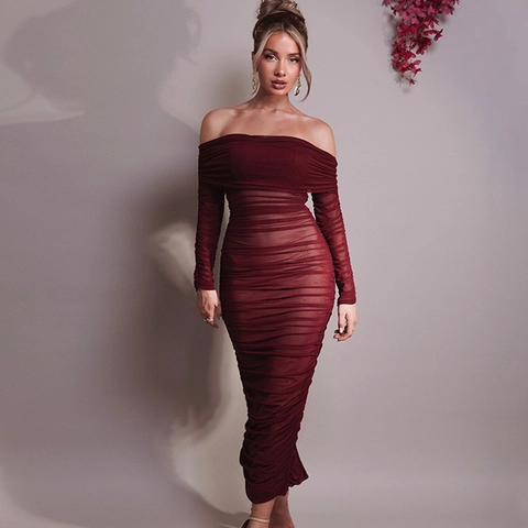Abito Lungo In Mesh Con Spalle Scoperte Da Donna Maniche Lunghe Aderente Sexy Party