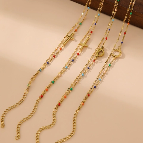 18K Gold Plated Stainless Steel Double Layer Bracelet Colorful Beads Cross Heart Horseshoe Pendant Adjustable Women Jewelry