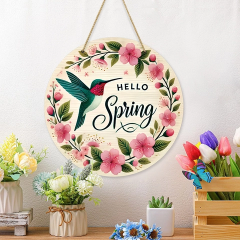 Round Wood Hanging Sign Hello Spring Hummingbird Floral Welcome Plaque Wall Decor For Front Door Porch Garden