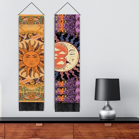 Sun And Moon Wandbehang Tapisserie Mit Quasten Holzstab Polyester Baumwolle Böhmische Himmlische Mandala Kunst Dekor
