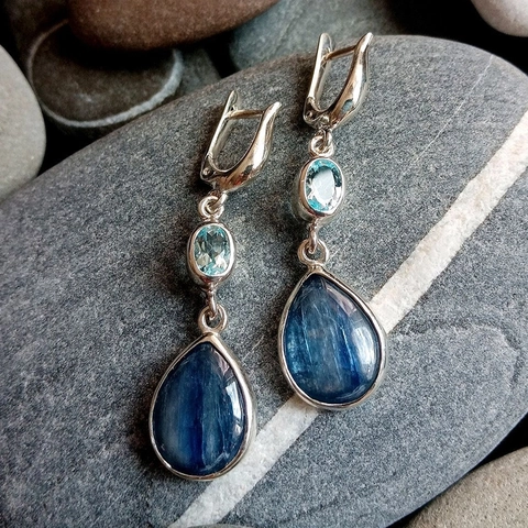 Vintage Silver Color Drop Earrings With Blue Kyanite And Light Blue Stone Waterdrop Leverback Ethnic Style For Women