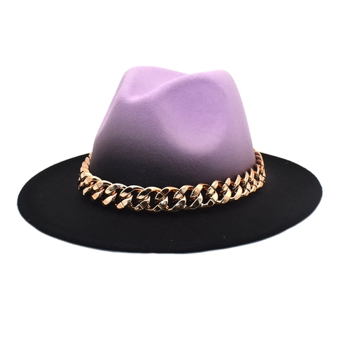 Fedora Hat Woolen Felt Contrast Color Gradient Wide Brim Gold Metal Chain Jazz Cap For Women Men
