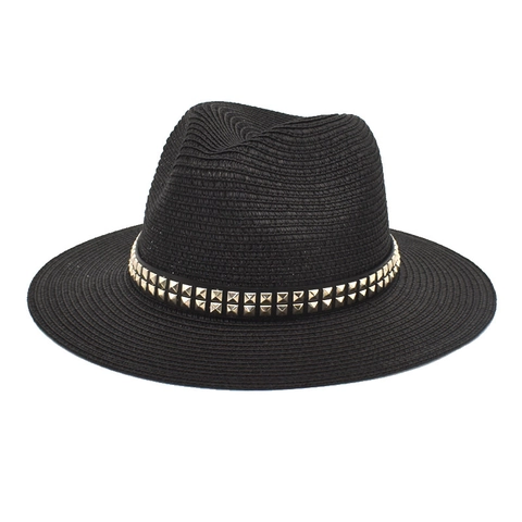 Fedora Hat Straw Woven Sun Protection Summer Beach Outdoor Jazz Cap With Double Row Rivet Decor