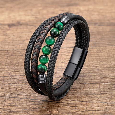 Pulsera Trenzada De Cuero Multicapa Con Cierre Magnético De Acero Inoxidable Y Cuentas De Piedra Natural Para Hombre Estilo Vintage