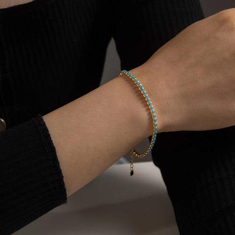 Bracciale da Tennis in Argento Sterling 925 per Donna Stile Turchese Blu Strass Full Diamond Regolabile Gioielli Ornamento a Mano