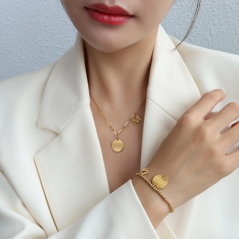 Collana E Bracciale In Acciaio Inossidabile Con Ciondolo Lettera M E Medaglia Rotonda Incisa Per Donna Moda Minimalista