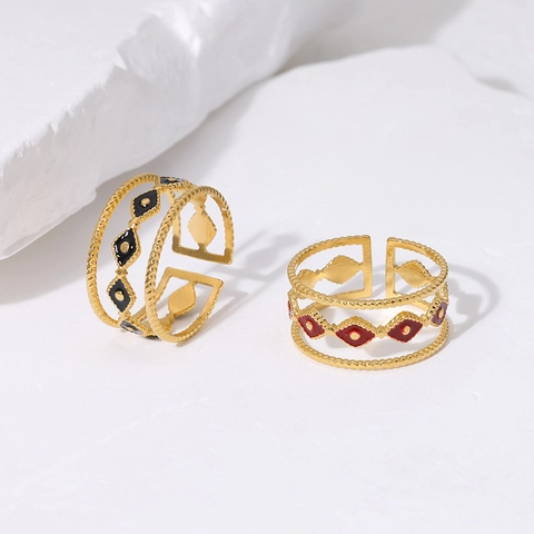 Bague Ouverte En Acier Inoxydable Émail Losange Œil Du Mal Triple Couche Bijoux Géométriques Réglables Pour Femmes